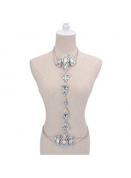 Fashion 2017Choker Collar Luxury Flower Body Long Silver Chain Fashion Crystal Rhinestone Necklace Pendant Set Statement Collier