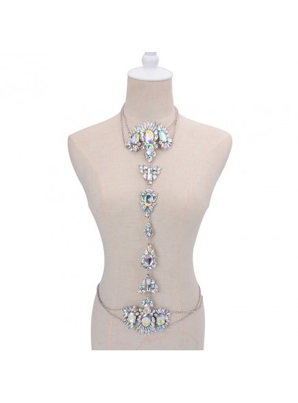 Fashion 2017Choker Collar Luxury Flower Body Long Silver Chain Fashion Crystal Rhinestone Necklace Pendant Set Statement Collier