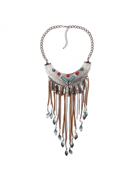 2016 Bohemian Antique Silver Leaves Pendant Tassel Necklace Vintage Trendy Turkish Gypsy Indian Ethnic Necklace Fashion Jewelry