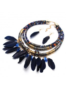 Bohemian Necklace for Women Feather Necklace With Earrings Exo Cloth Pipes Metal Chain Statement Necklace collares mujer