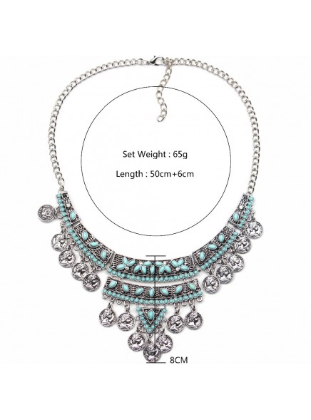 2016 Fashion Statement necklaces Gypsy Bohemian Boho Jewelry Antique coin Turquoise Beads inlaied Coins Necklace For Women