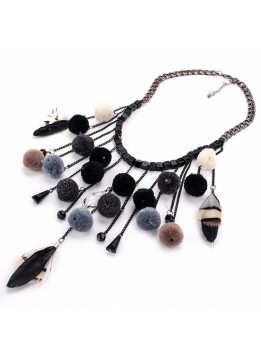 2017 ZA Fashion Boho Feather Necklace Pendant Bohemian Beads Ball Drop Chain Tassel Statement Women Ethnic Collier Femme Jewelry