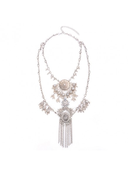 Fashion Women 2016 Vintage Peacock Necklace Pendant Retro Crystal Collier Femme Silver Tassel Collar Boho Maxi Jewelry Accesory